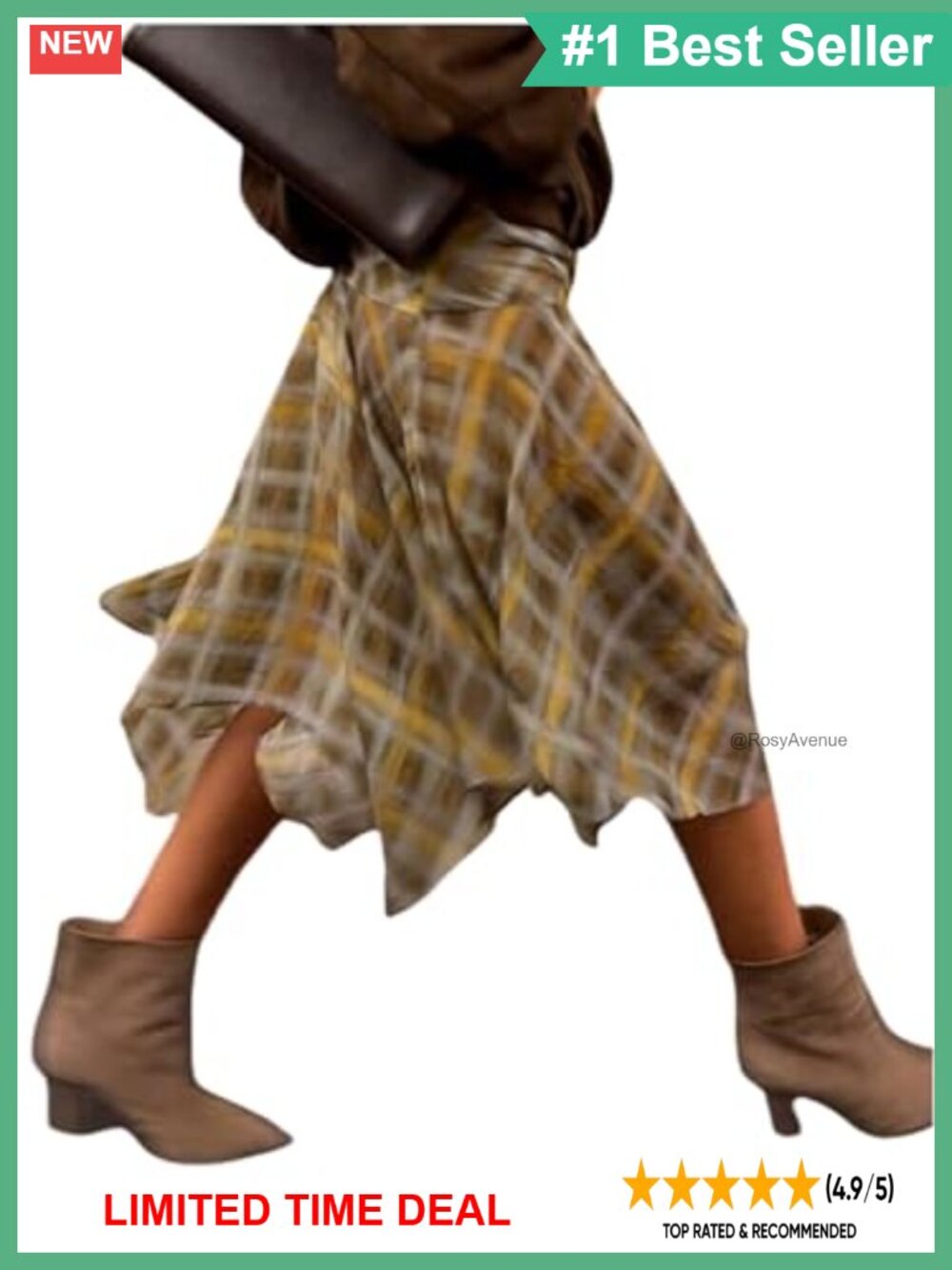 Plaid Print Midi Skirt Asymmetrical Ruffle Flowy Polyester
